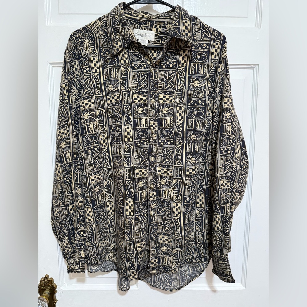 Vintage Mens Sedgefield Button Down Shirt Size Large Fish Palm Trees 1980s 1990s